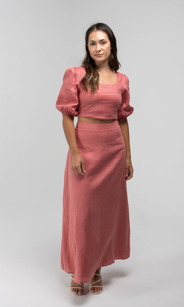 GIA PINK LINEN MIDI SKIRT Her Apparel GIA PINK LINEN MIDI SKIRT Her Apparel