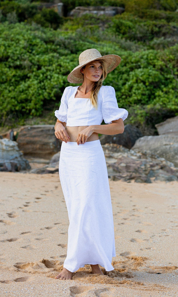 GIA WHITE LINEN MIDI SKIRT