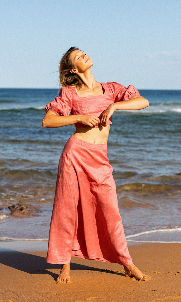 Pink linen midi skirt top