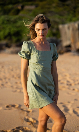 OLIVIA SAGE LINEN MINI DRESS Her Apparel OLIVIA SAGE LINEN MINI DRESS Her Apparel