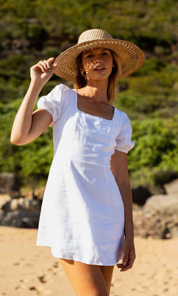 OLIVIA WHITE LINEN MINI DRESS Her Apparel OLIVIA WHITE LINEN MINI DRESS Her Apparel