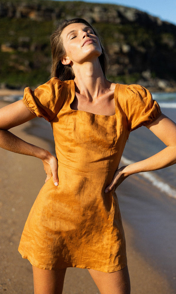 OLIVIA TANGERINE LINEN MINI DRESS Her Apparel OLIVIA TANGERINE LINEN MINI DRESS Her Apparel