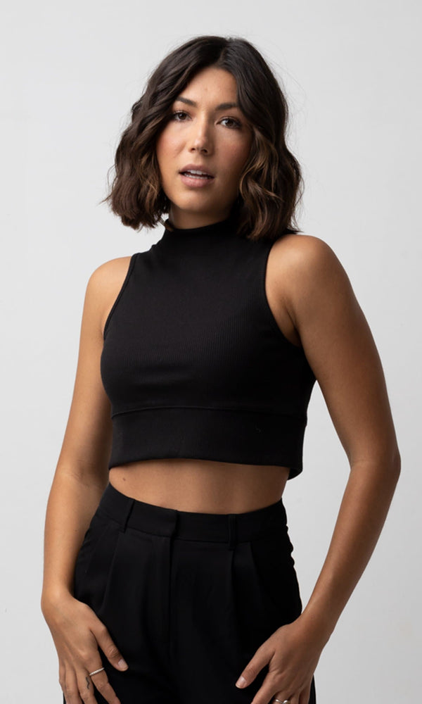 BELLA BLACK HIGH NECK CROP TOP - Shirts